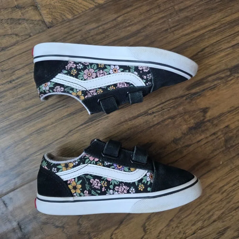 Vans Old Skool V Sneakers Youth Girl Size 10 Flower Fun Floral Black Hook & Loop